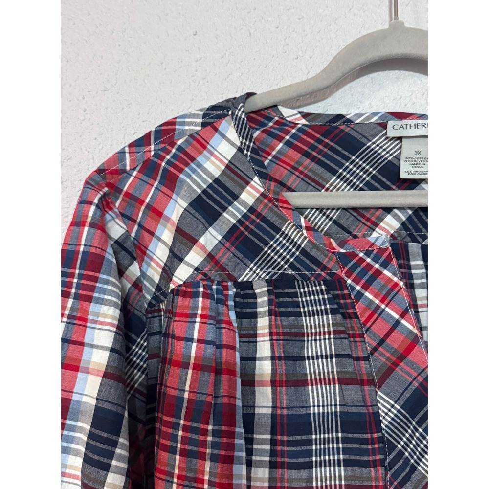 Catherines Womens 3X Plaid Henley Blouse Red Blue 3/4 Roll Tab Sleeve Top - Picture 2 of 11